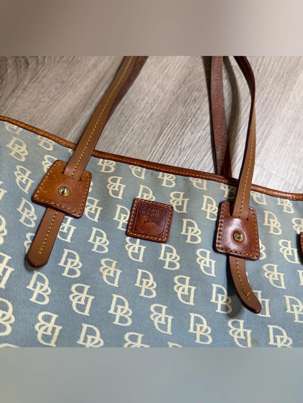 Dooney & Bourke Light Blue Monogram Tote with Brown Leather Trim